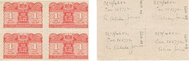 Ephemera - MISS G ALICE JONES COLLECTION: WWII FUEL ONE GALLON RATION TICKET, 1948