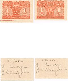 Ephemera - MISS G ALICE JONES COLLECTION:  WWII FUEL 1 GALLON RATION TICKETS, 1948