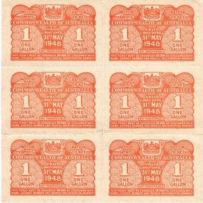 Ephemera - MISS G ALICE JONES COLLECTION:  WWII  ONE GALLON FUEL RATION TICKETS, 1948