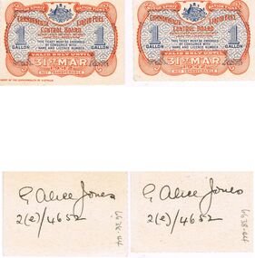 Ephemera - MISS G ALICE JONES COLLECTION:  WWII FUEL 1 GALLON RATION TICKETS