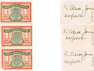Ephemera - MISS G ALICE JONES COLLECTION:  WWII 1 GALLON FUEL RATION TICKETS