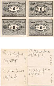 Ephemera - MISS G ALICE JONES COLLECTION:  FUEL RATION TICKETS 1 GALLON