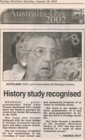 Newspaper - JENNY FOLEY COLLECTION: HISTORY STUDY RECOGNISED