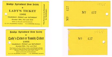 Memorabilia - BENDIGO AGRICULTURAL SHOW SOCIETYS LADY'S TICKET, 1966