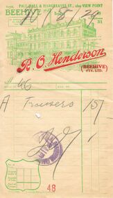 Document - R.O. HENDERSON INVOICE, 20/08/1929