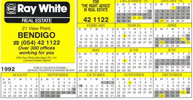 Domestic Object - RAY WHITE 1992 FRIDGE MAGNET CALENDAR, 1992