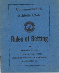 Book - COMMONWEALTH ATHLETIC CLUB RULES OF BETTING, 8/2/1951