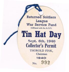Ephemera - TIN HAT DAY COLLECTOR'S PERMIT, 1940