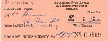 Document - EDGARS' NEWSAGENCY RECEIPT, 29/10/1949