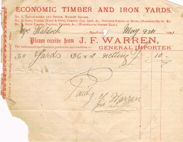 Document - J.F.WARREN INVOICE, 9/05/1891