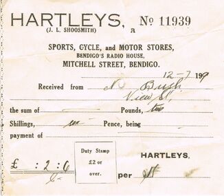 Document - HARTLEYS INVOICE, 12/07/1929