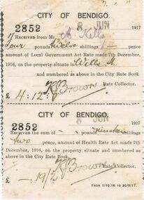 Document - CITY OF BENDIGO RATE RECEIPT, 08/06/1917