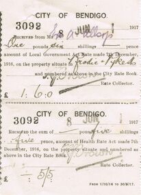 Document - CITY OF BENDIGO RATE RECEIPT, 08/06/1917