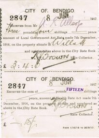 Document - CITY OF BENDIGO RATE RECEIPT, 08/06/1917