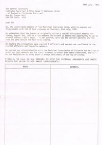 Document - BENDIGO SALEYARDS COLLECTION: LETTER REFERRING TO 24 HR STOPPAGE 31/7/1980