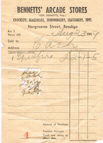 Document - BENNETTS ARCADE STORES RECEIPT, 1949
