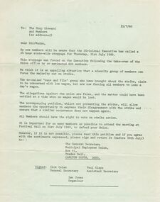Document - BENDIGO SALEYARDS COLLECTION: LETTER TO THE SHOP STEWARD AND MEMBERS