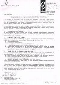 Document - BENDIGO SALEYARDS COLLECTION: REQUIREMENTS OF AGENTS FOR CATTLE ENTERING VICTORIA