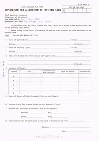 Document - BENDIGO SALEYARDS COLLECTION: APPLICATION FOR ALLOCATION OF FREE TAIL TAGS