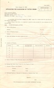 Document - BENDIGO SALEYARDS COLLECTION: APPLICATION FOR ALLOCATION OF TATTOO BRAND (PIGS)
