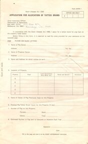 Document - BENDIGO SALEYARDS COLLECTION: APPLICATION FOR ALLOCATION OF TATTOO BRAND (PIGS)