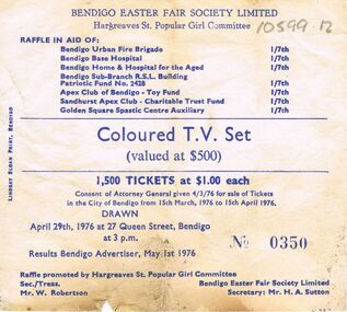 Document - BENDIGO EASTER FAIR COLLECTION:  RAFFLE TICKET, 4th March, 1976