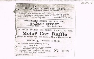 Document - BENDIGO EASTER FAIR COLLECTION: RAFFLE TICKET 1935