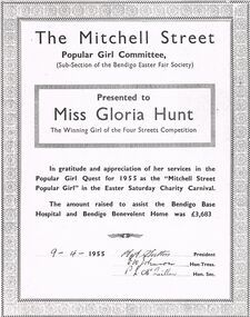 Document - BENDIGO EASTER FAIR COLLECTION:  POPULAR GIRL COMMITTEE MITCHELL STREET, 9th April, 1955