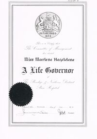 Document - BENDIGO EASTER FAIR COLLECTION:  LIFE GOVERNOR CERTIFICATE MARLENE HAZELDENE, 30th June, 1962