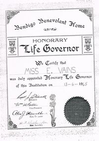 Document - BENDIGO EASTER FAIR COLLECTION: E. VAINS, HONORARY LIFE GOVERNOR, 13th June, 1945