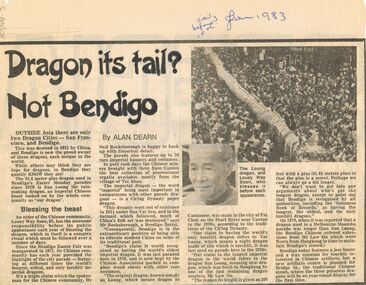 Document - BENDIGO EASTER FAIR COLLECTION: ARTICLE, 'DRAGON ITS TAIL? NOT BENDIGO', Jan, 1983