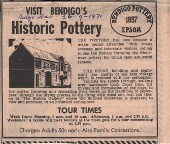 Newspaper - BENDIGO ADVERTISER SEPTEMBER 26, 1971 VISIT BENDIGO'S HISTORIC POTTERY ESTABLISHED 1857 IN EPSOM, 1971