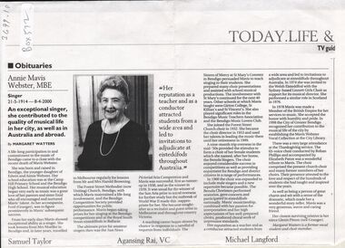 Document - BARBARA MAMOUNEY COLLECTION: IMAGE AND OBITUARY OF ANNIE MAVIS WEBSTER MBE