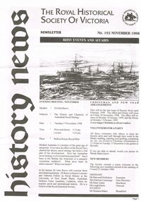 Magazine - THE ROYAL HISTORICAL SOCIETY OF VICTORIA NEWSLETTER. NO. 193 NOVEMBER 1998