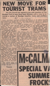 Newspaper - BENDIGO ADVERTISER DECEMBER 20, 1971 NEWSPAPER ARTICLE ''NEW MOVE FOR TOURIST TRAMS'', 20/12/1971