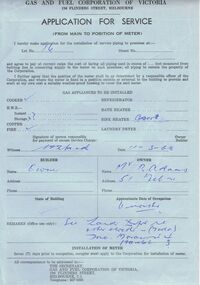 Document - CASTLEMAINE GAS COMPANY COLLECTION: APPLICATION FOR SERVICE, 11/03/1960