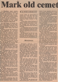 Newspaper - NEWSPAPER CLIPPINGS CALL FOR A MONUMENT TO THE PIONEERS OF THE OLD BENDIGO CEMETERY, 1987