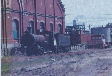 Photograph - BENDIGO RAILWAY STATION:  STEAM TRAIN OUTSIDE GOODS SHED