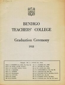 Document - LA TROBE UNIVERSITY BENDIGO COLLECTION: BENDIGO TEACHERS' COLLEGE GRADUATION CEREMONY 1958