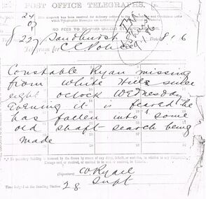 Document - CONSTABLE RYAN COLLECTION: TELEGRAM RE DISAPPEARANCE OF CONSTABLE RYAN, 6th January, 1886