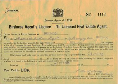 Document - IAN DYETT COLLECTION: BUSINESS AGENT'S LICENCE - TO LICENSED REAL ESTATE AGENT