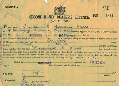 Document - IAN DYETT COLLECTION: SECOND-HAND DEALER'S LICENCE