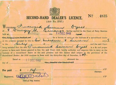 Document - IAN DYETT COLLECTION: SECOND-HAND DEALER'S LICENCE