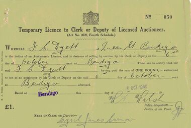 Document - IAN DYETT COLLECTION: TEMPORARY LICENCE TO CLERK OR DEPUTY OF LICENSED AUCTIONEER