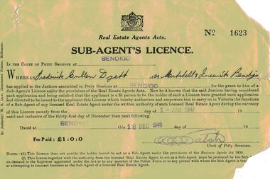 Document - IAN DYETT COLLECTION: SUB-AGENT'S LICENCE