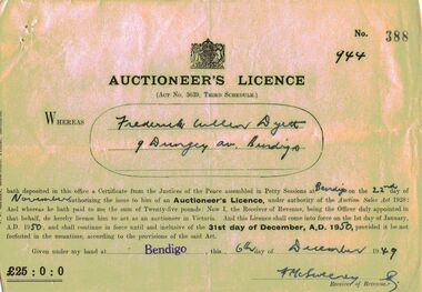 Document - IAN DYETT COLLECTION: AUCTIONEER'S LICENCE