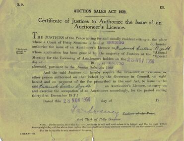 Document - IAN DYETT COLLECTION: CERTIFICATE OF JUSTICES TO AUTHORIZE THE ISSUE OF AN AUCTIONEER'S LICENCE