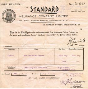 Document - THE STANDARD INSURANCE COMPANY LIMITED FIRE RENEWAL POLICY RECIPT 1930-1931, 1930-1931