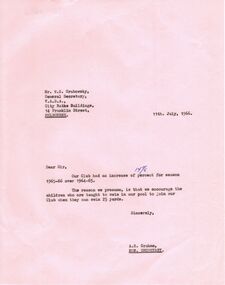 Document - BERT GRAHAM COLLECTION: BENDIGO EAST SWIMMING CLUB CORRESPONDENCE, 1957-1966