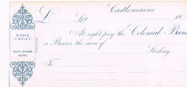 Document - COLONIAL BANK CASTLEMAINE BANK CHEQUE STERLING 1800S, 1800s